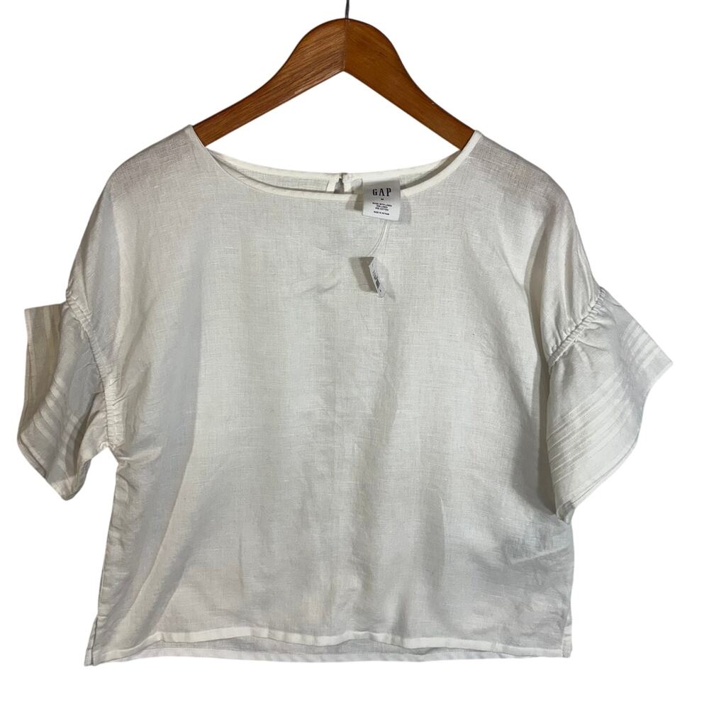 NWT Gap White Linen Blend Top Crop Ruched Flutter Sleeve Neck Button Shirt Sz M